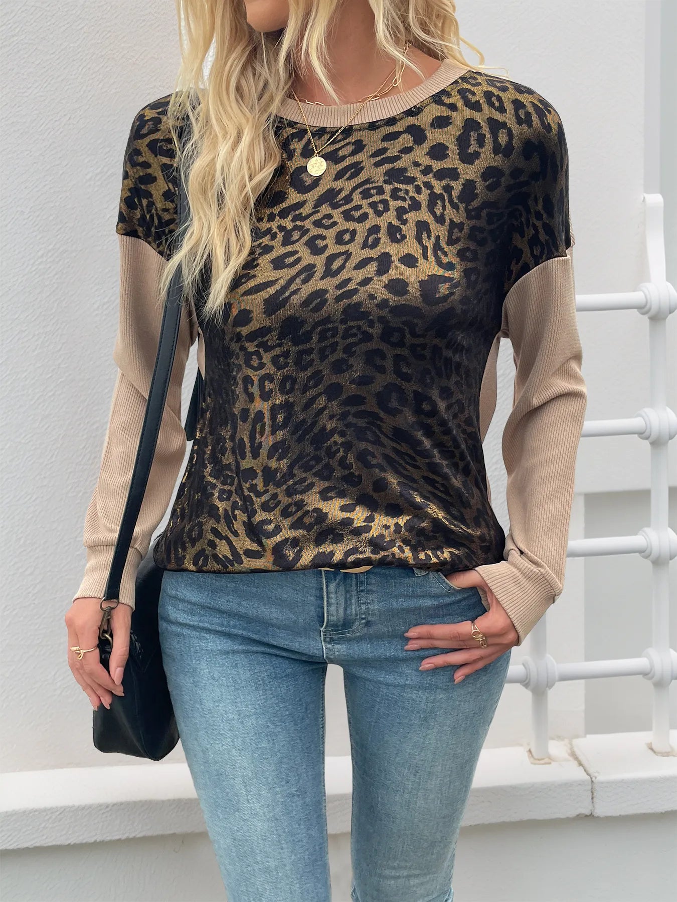 Leopard Round Neck Long Sleeve Sweatshirt - Tops by Trendsi | Available at Handbags Specialist Headquarter