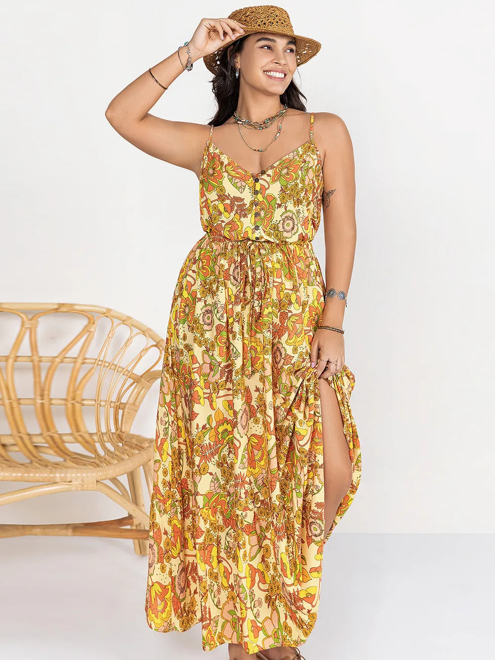 Plus Size Printed V-Neck Maxi Cami Dress - Dresses by Trendsi | Available at Handbags Specialist Headquarter