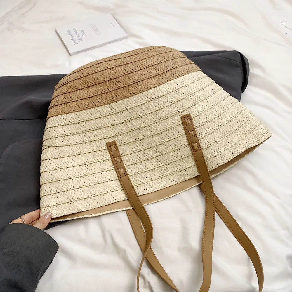 Contrast Straw Braided Handbag - Tote Bag by Trendsi | Available at Handbags Specialist Headquarter