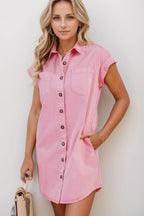 Button Down Short Sleeve Denim Dress - Women / Jeans & Denim by Trendsi | Available at Handbags Specialist Headquarter
