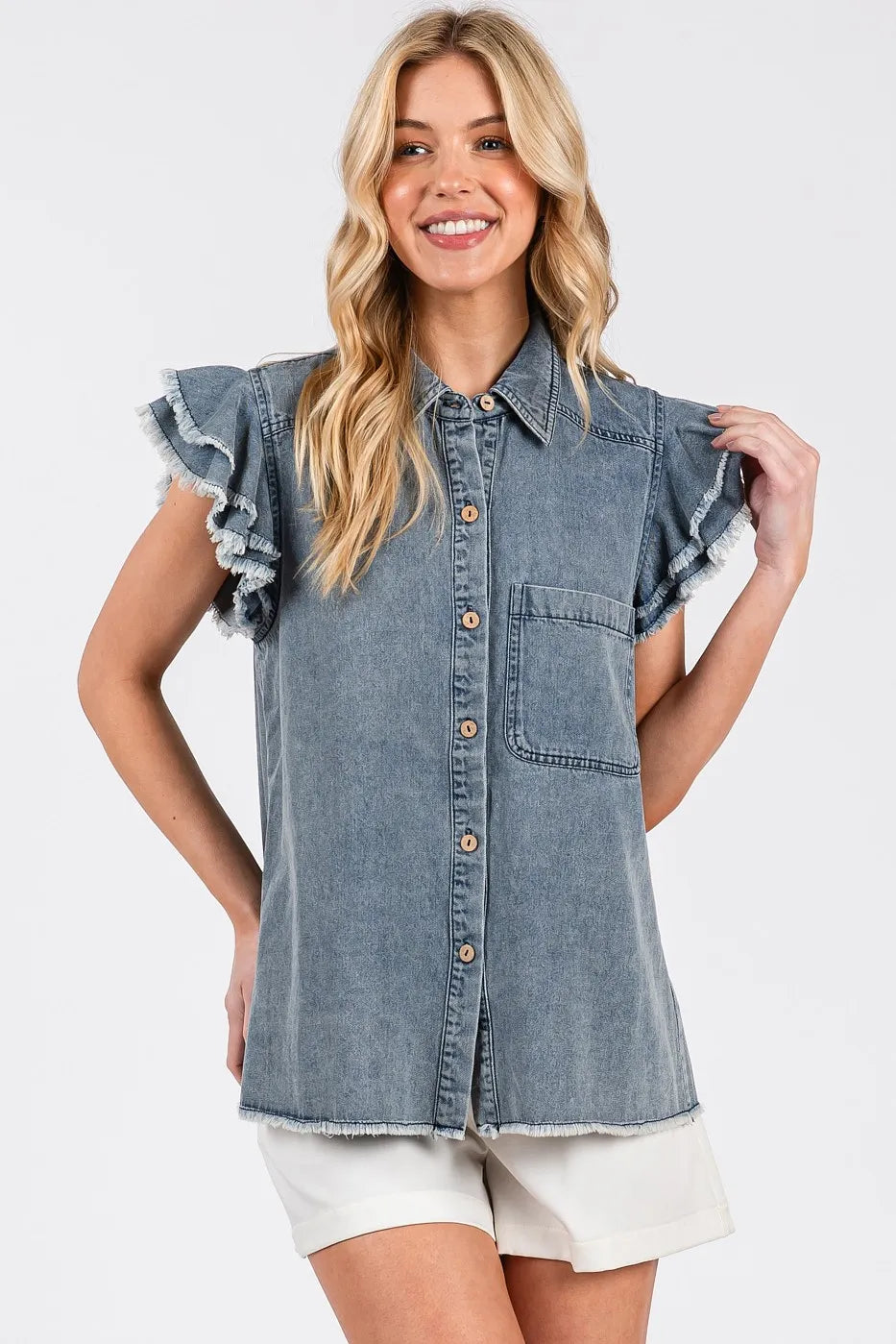 Mittoshop Washed Denim Ruffle Short Sleeve Collared Shirt - Women / Jeans & Denim by Trendsi | Available at Handbags Specialist Headquarter
