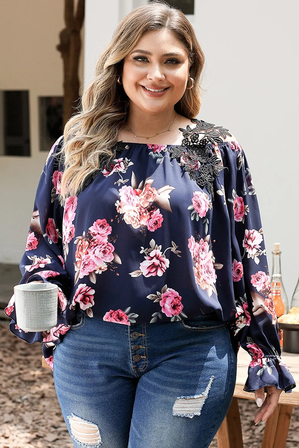 Plus Size Floral Flounce Sleeve Blouse - Plus Size Shirts by Trendsi | Available at Handbags Specialist Headquarter