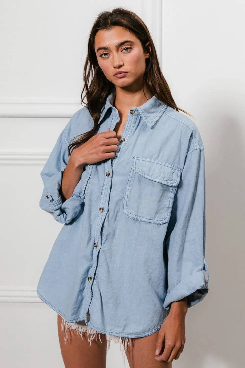 BiBi Button Down Stitch Detail Shirt with Chest Pockets - Women / Jeans & Denim by Trendsi | Available at Handbags Specialist Headquarter