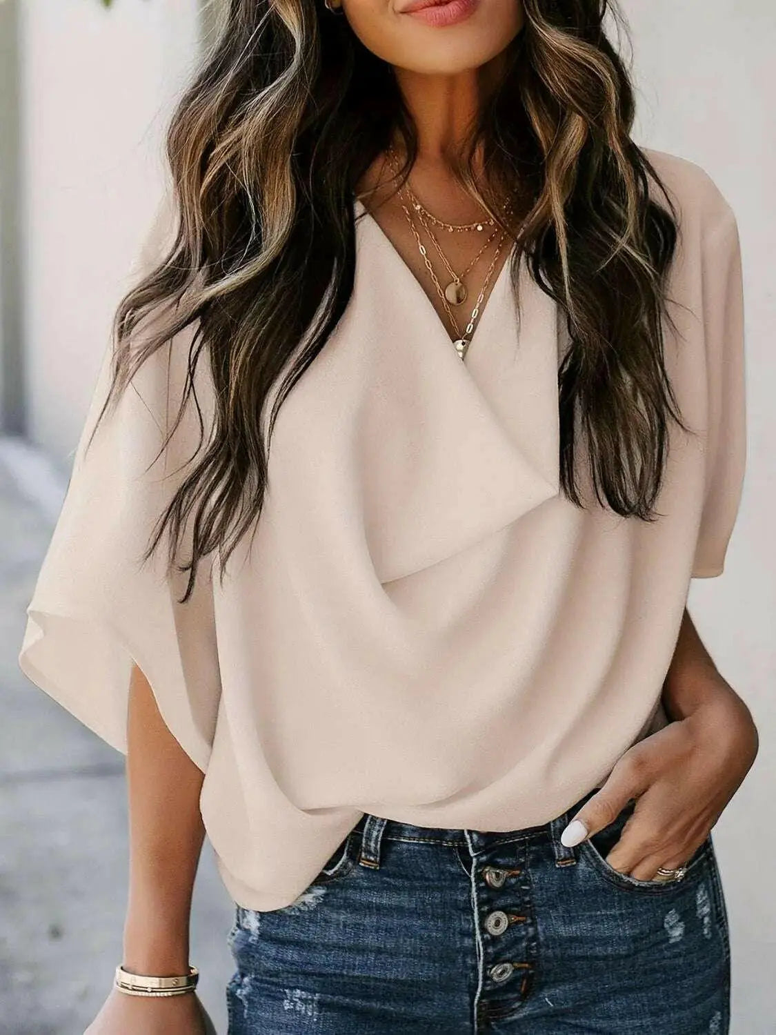 Full Size Ruched Three-Quarter Sleeve Blouse Plus Size - Women Plus Size by Trendsi | Available at Handbags Specialist Headquarter