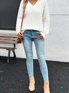 Textured Knit Ribbed Edge V Neck Loose Sweater - Tops by Trendsi | Available at Handbags Specialist Headquarter