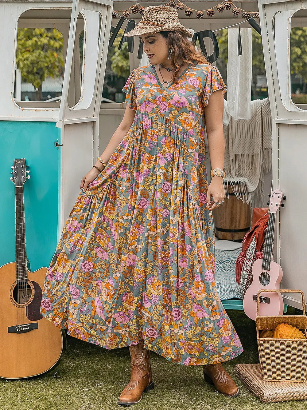 Plus Size Ruffled Printed Cap Sleeve Dress - Dresses by Trendsi | Available at Handbags Specialist Headquarter