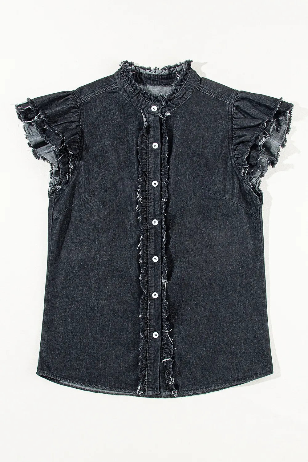 Button Down Raw Hem Ruffled Denim Shirt - Women / Jeans & Denim by Trendsi | Available at Handbags Specialist Headquarter