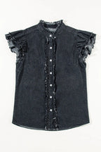 Button Down Raw Hem Ruffled Denim Shirt - Women / Jeans & Denim by Trendsi | Available at Handbags Specialist Headquarter