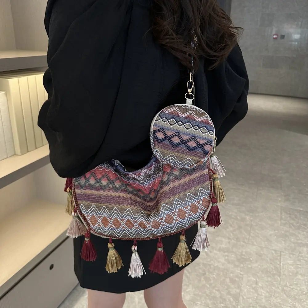 Printed Tassel Detail Crossbody Bag with Small Purse - Handbags by Trendsi | Available at Handbags Specialist Headquarter