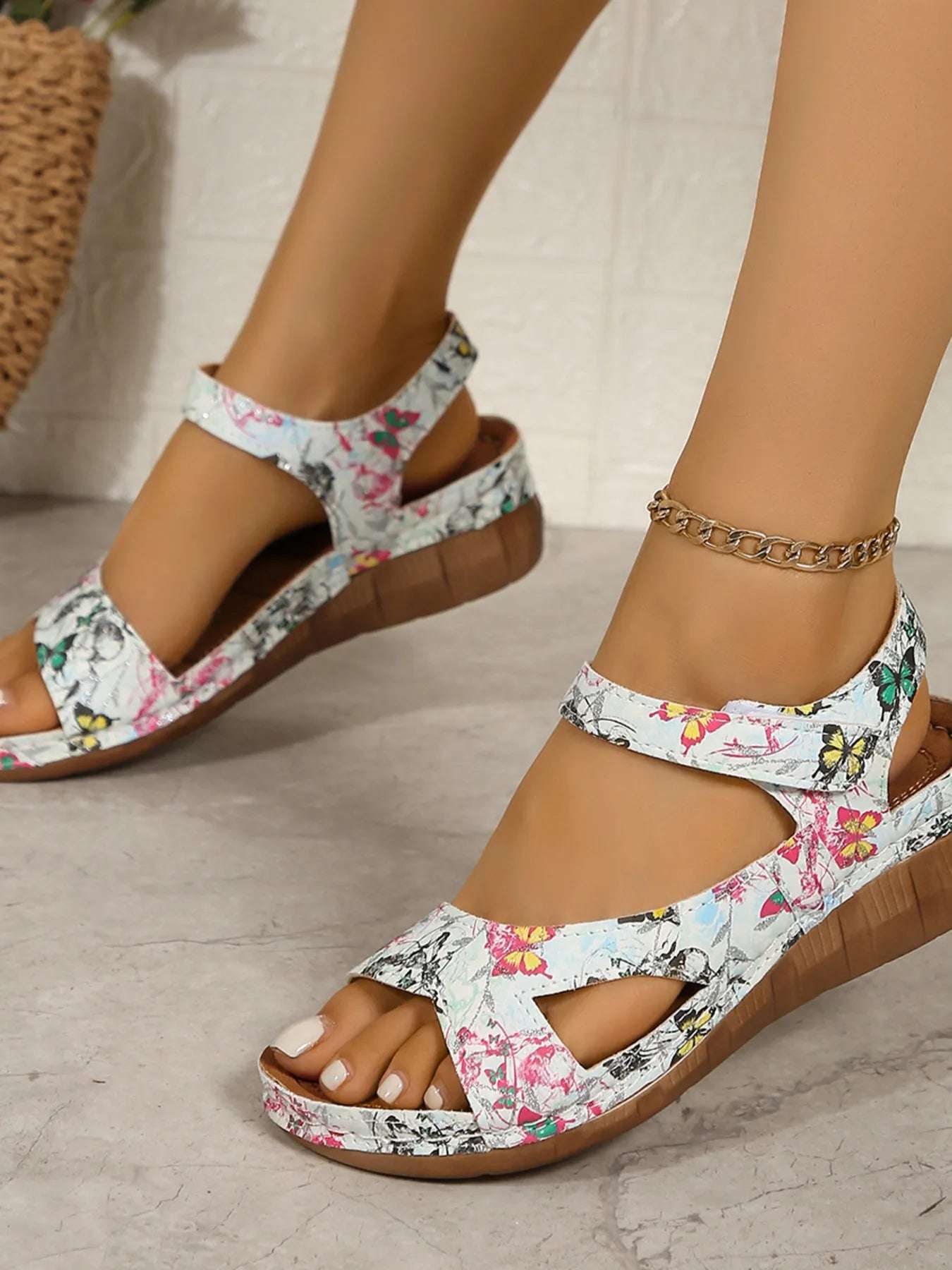 Floral Print Velcro Strap Wedge Sandals - Women Sandals by Trendsi | Available at Handbags Specialist Headquarter