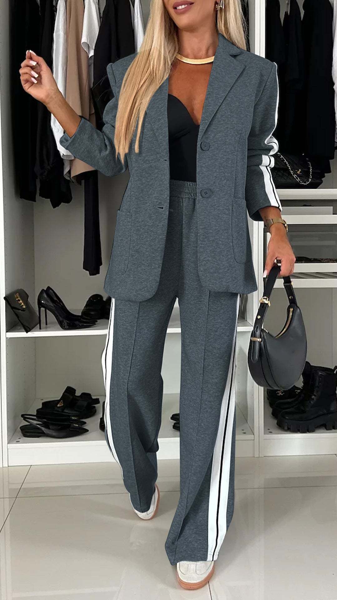 StrideSet: Chic Women's Striped Suit & Jacket Ensemble