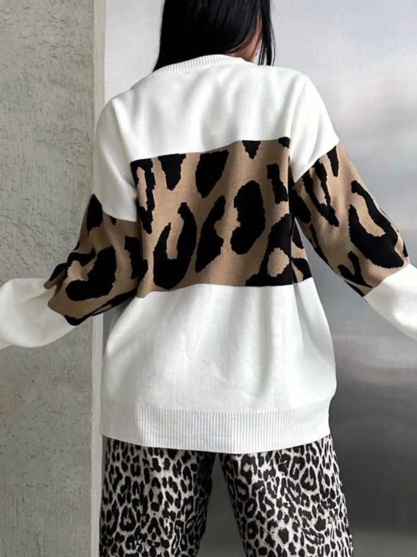 Leopard Color Block Round Neck Sweater - Tops by Trendsi | Available at Handbags Specialist Headquarter