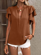 Ruffle Sleeve Notched Blouse - Tops by Trendsi | Available at Handbags Specialist Headquarter