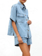 Button Up Short Sleeve Top and Shorts Denim Set - Women / Jeans & Denim by Trendsi | Available at Handbags Specialist Headquarter