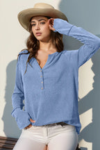 Double Take Full Size Notched Thumbhole Long Sleeve T-Shirt - Tops by Trendsi | Available at Handbags Specialist Headquarter