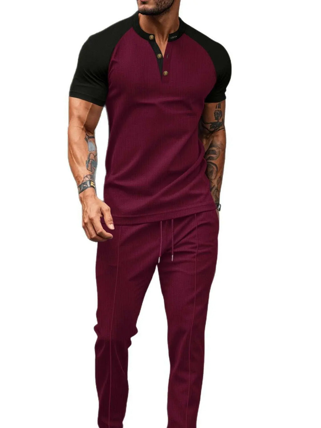 Men's Full Size Waffle-Knit Contrast Top and Drawstring Pants Set Plus Size - Men's Sets by Trendsi | Available at Handbags Specialist Headquarter