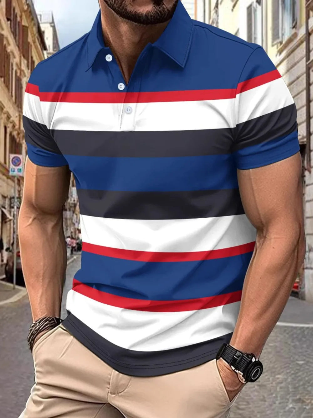 Men's Full Size Collared Short Sleeve Striped Polo Plus Size - Men's Polo shirt by Trendsi | Available at Handbags Specialist Headquarter