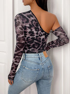 Leopard Print One Shoulder Long Sleeve Bodysuit - Tops by Trendsi | Available at Handbags Specialist Headquarter