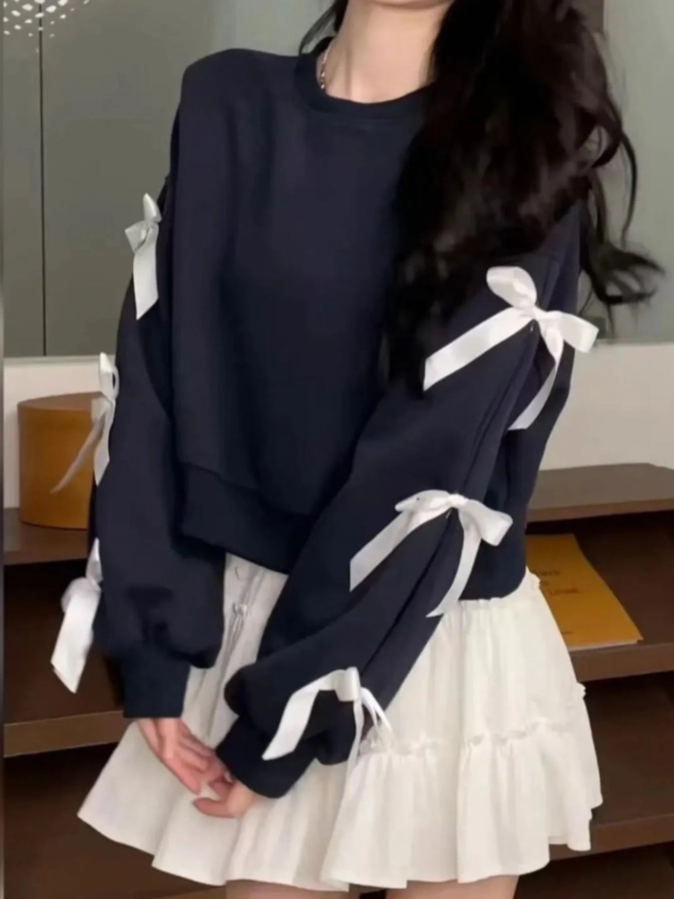 Bow-Detailed Sleeve Round Neck Sweatshirt - Tops by Trendsi | Available at Handbags Specialist Headquarter