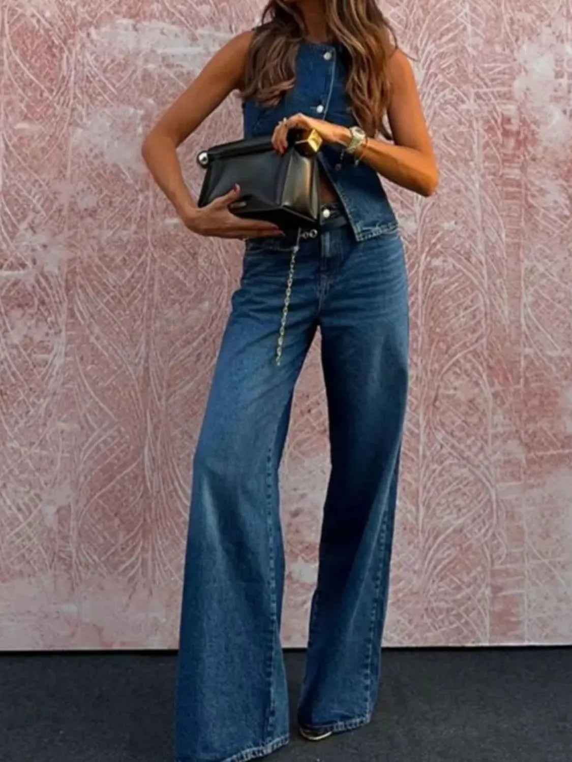 Button Down Vest and Flare Jeans Denim Set - Women / Jeans & Denim by Trendsi | Available at Handbags Specialist Headquarter