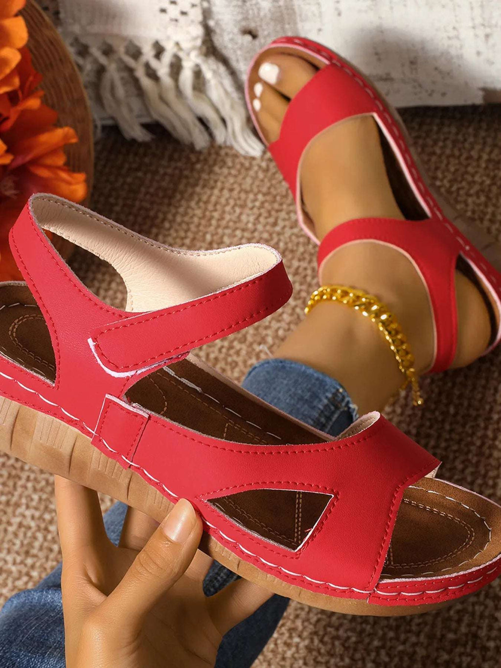 Floral Print Velcro Strap Wedge Sandals - Women Sandals by Trendsi | Available at Handbags Specialist Headquarter