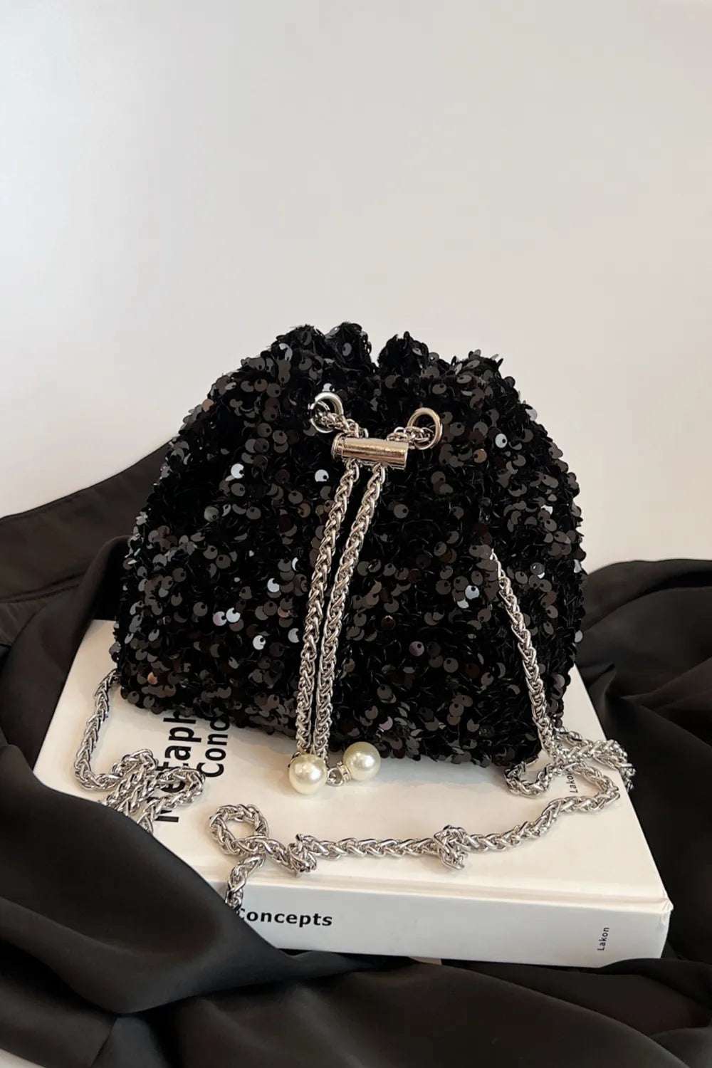 Sequin Chain Drawstring Bucket Bag - Crossbody Bag by Trendsi | Available at Handbags Specialist Headquarter