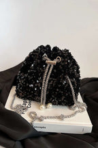 Sequin Chain Drawstring Bucket Bag - Crossbody Bag by Trendsi | Available at Handbags Specialist Headquarter
