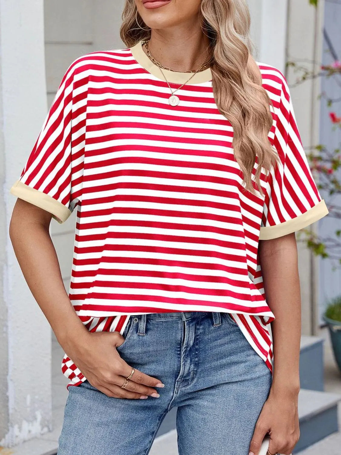 Striped Round Neck Half Sleeve T-Shirt - Women / Tops by Trendsi | Available at Handbags Specialist Headquarter