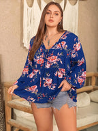 Plus Size Printed Tie Neck Balloon Sleeve Blouse - Plus Size Shirts by Trendsi | Available at Handbags Specialist Headquarter