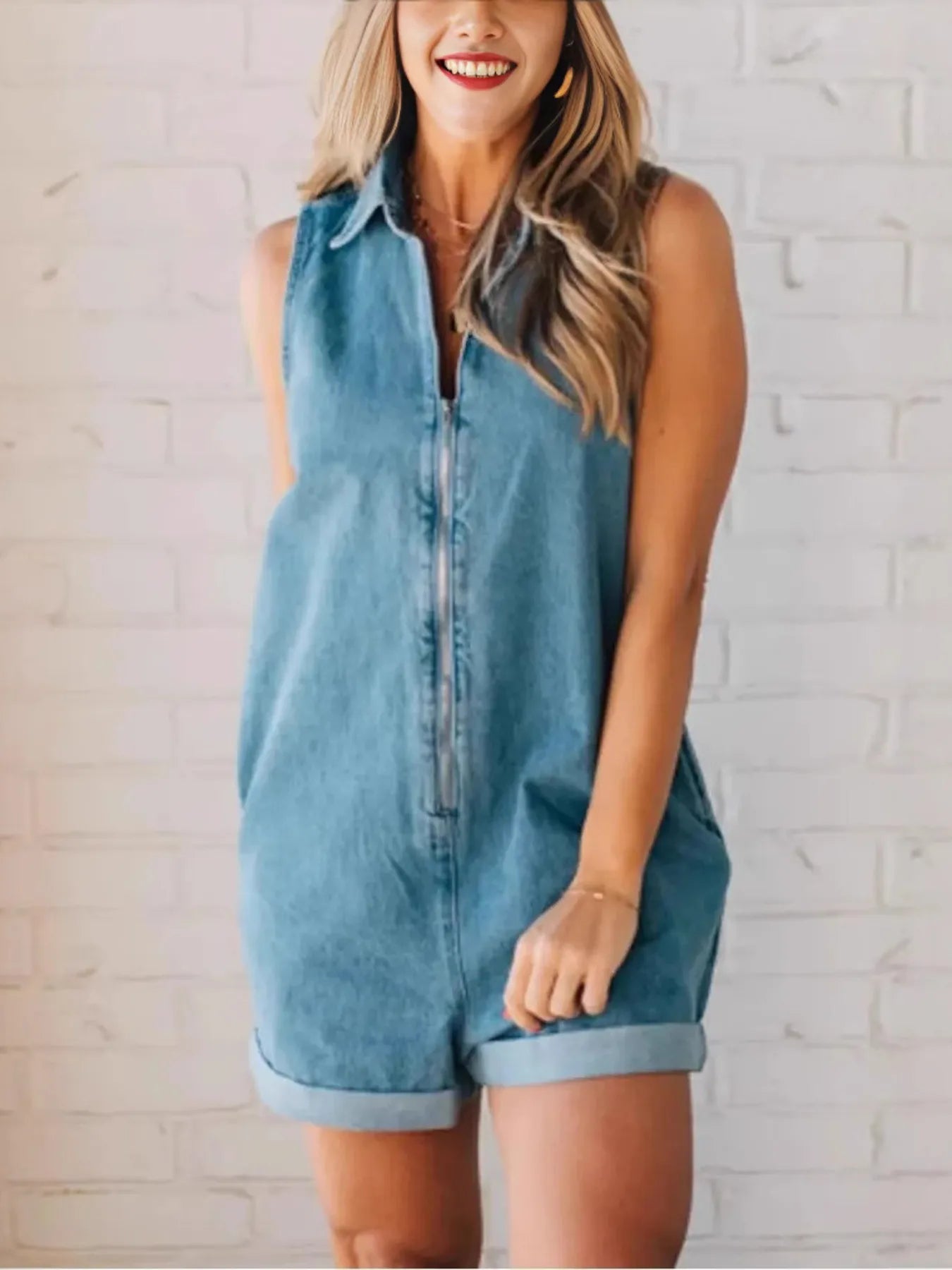 Zip Front Sleeveless Denim Romper - Women / Jeans & Denim by Trendsi | Available at Handbags Specialist Headquarter