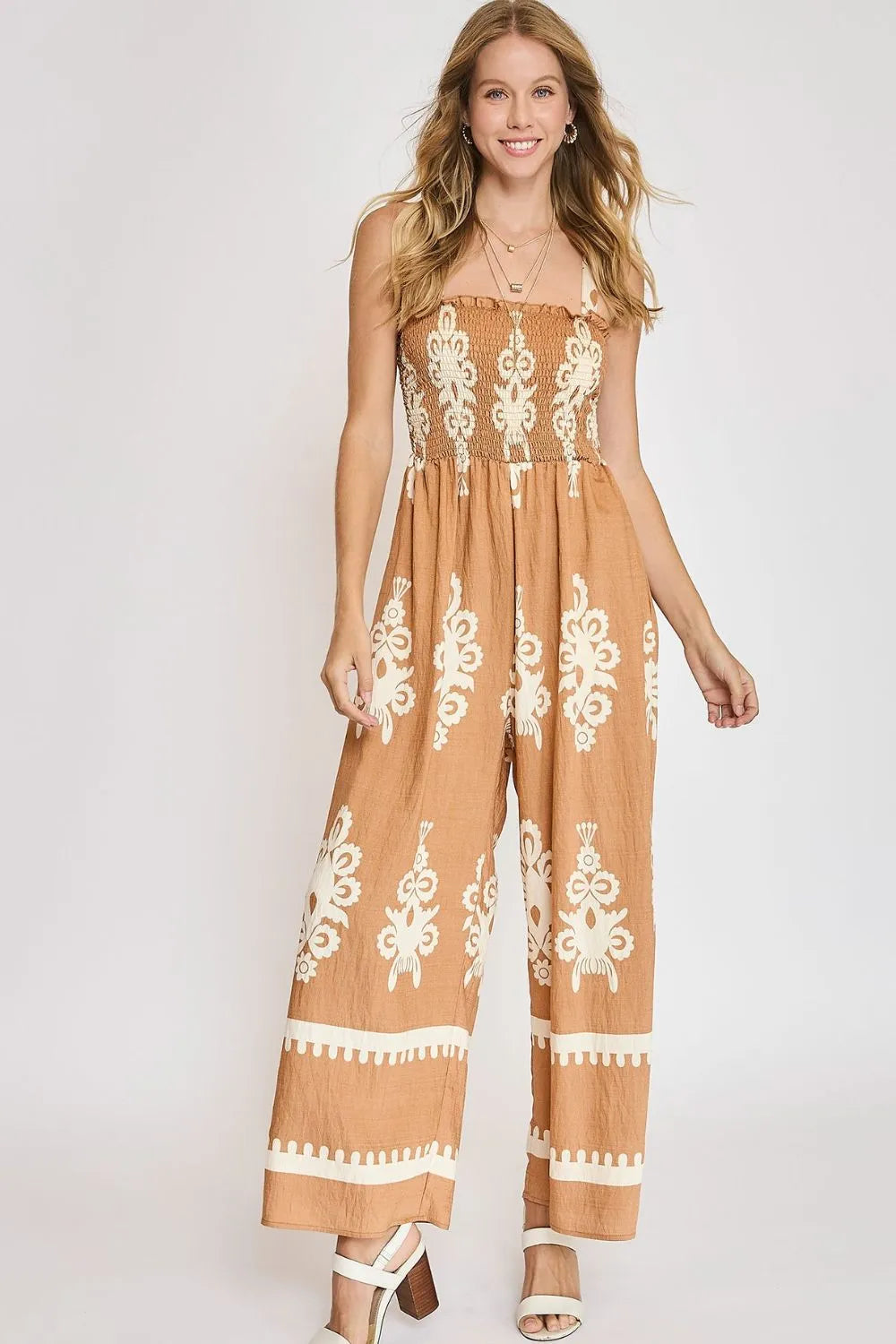 Umgee Full Size Smocked Printed Wide Leg Jumpsuit Plus Size - Dresses by Trendsi | Available at Handbags Specialist Headquarter