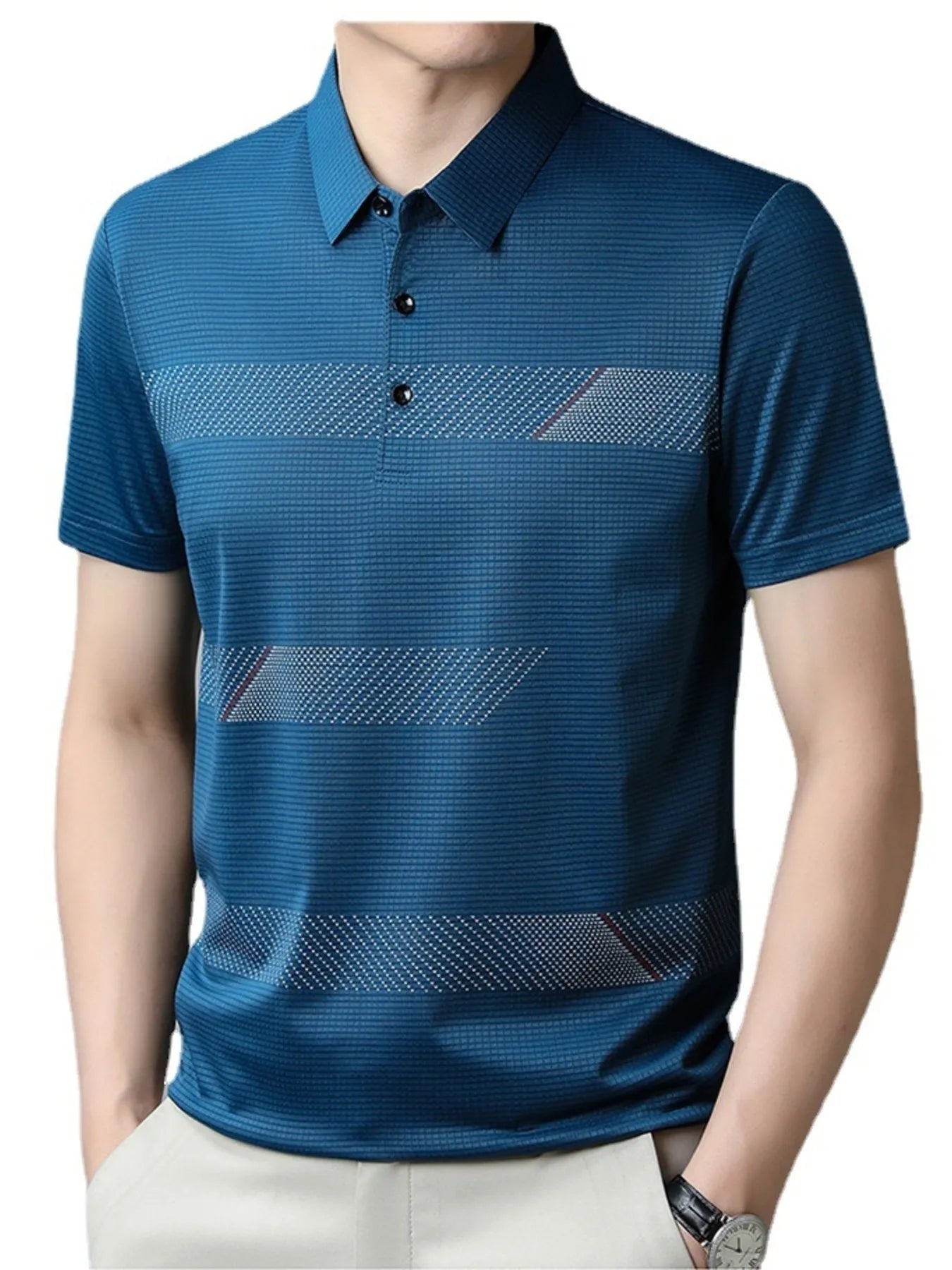 Men's Plus Size Striped Short Sleeve Casual Polo Shirt - Men's Polo shirt by Trendsi | Available at Handbags Specialist Headquarter
