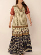 Plus Size Ruched Printed Short Sleeve Midi Dress - Dresses by Trendsi | Available at Handbags Specialist Headquarter