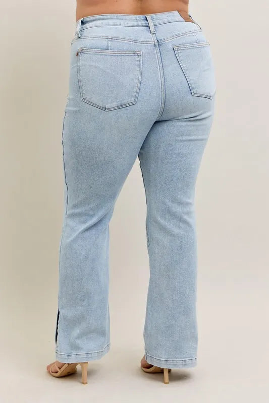 Judy Blue Full Size Tummy Control Vintage Wash Side Slit Slim Boot Jeans Plus Size - Women / Jeans & Denim by Trendsi | Available at Handbags Specialist Headquarter