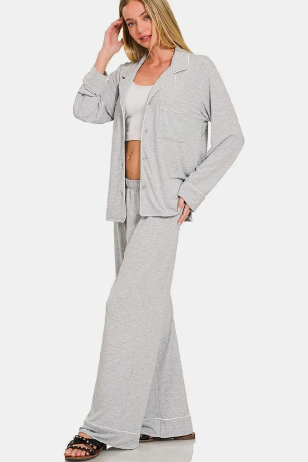 Zenana Button Down Long Sleeve Top and Pants Lounge Set - Sleepwear by Trendsi | Available at Handbags Specialist Headquarter