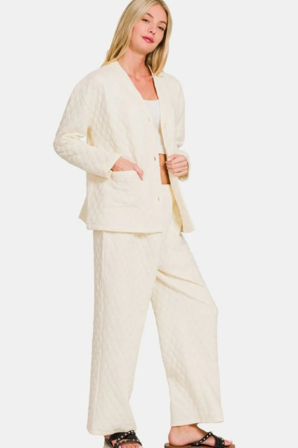 Zenana Quilted Button Up Long Sleeve Top and Pants Lounge Set - Sleepwear by Trendsi | Available at Handbags Specialist Headquarter