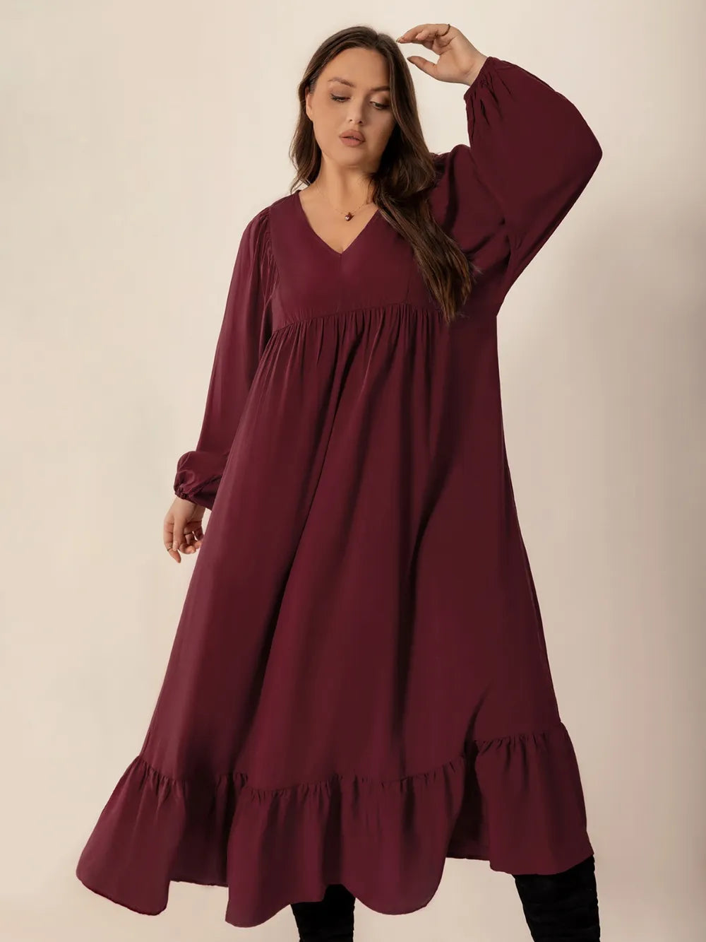 Plus Size Ruffled Hem V-Neck Balloon Sleeve Dress - Dresses by Trendsi | Available at Handbags Specialist Headquarter
