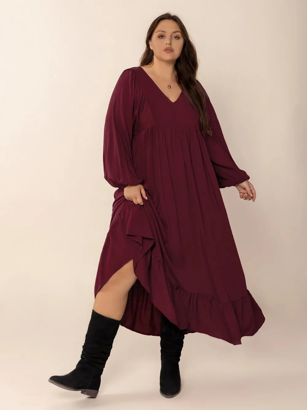 Plus Size Ruffled Hem V-Neck Balloon Sleeve Dress - Dresses by Trendsi | Available at Handbags Specialist Headquarter