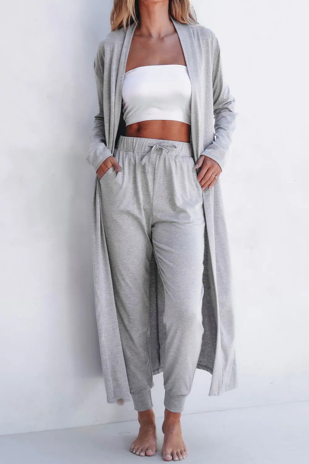 Open Front Long Sleeve Cardigan and Pants Lounge Set - Sleepwear by Trendsi | Available at Handbags Specialist Headquarter
