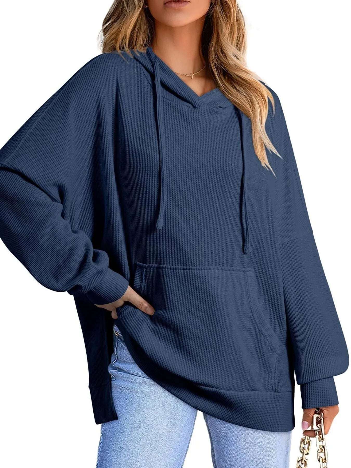 Slit Drawstring Waffle Knit Hoodie - Tops by Trendsi | Available at Handbags Specialist Headquarter
