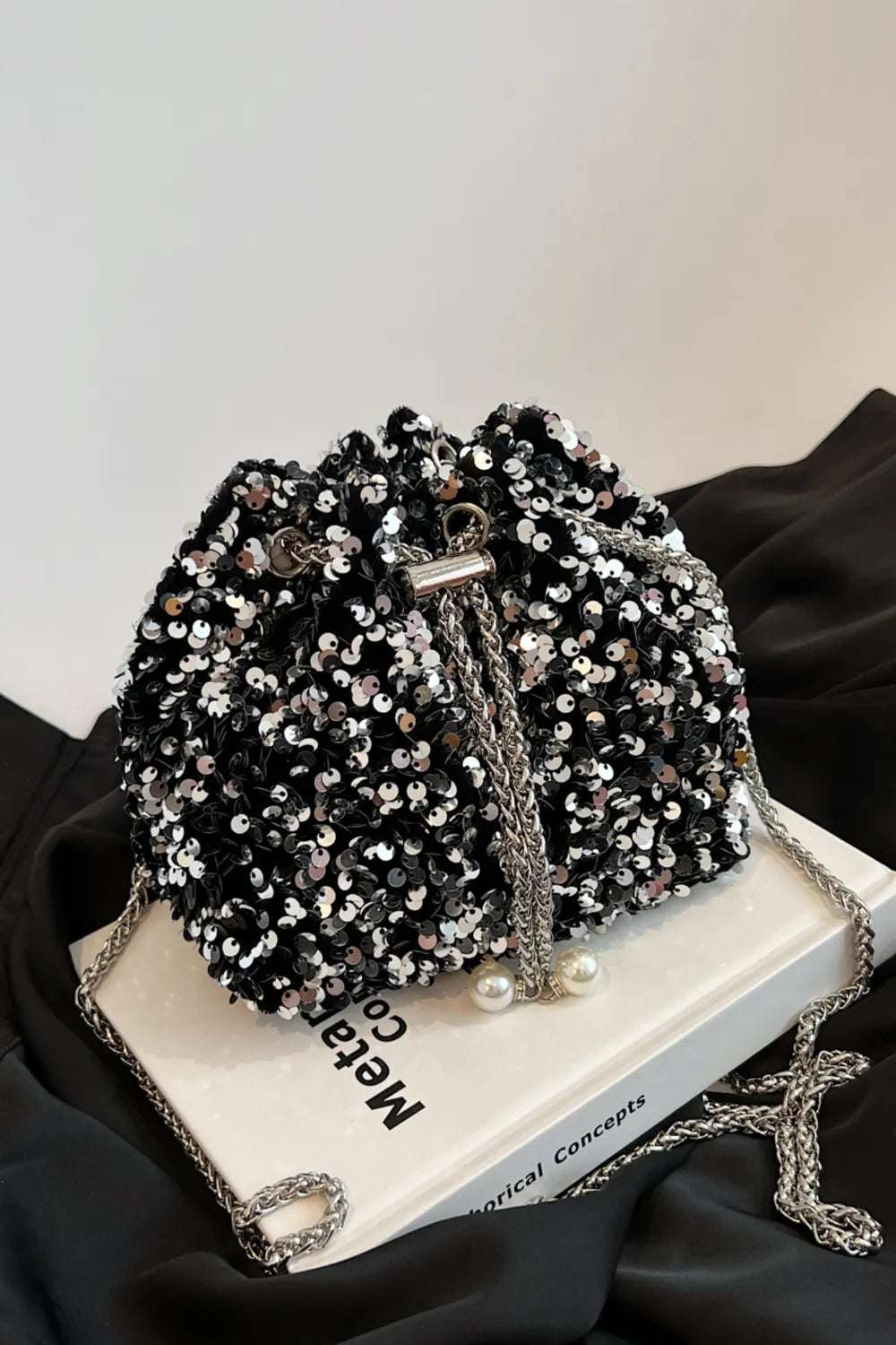 Sequin Chain Drawstring Bucket Bag - Crossbody Bag by Trendsi | Available at Handbags Specialist Headquarter