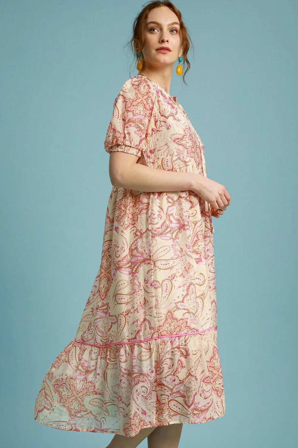 Umgee Full Size Printed Puff Short Sleeve Midi Dress Plus Size - Dresses by Trendsi | Available at Handbags Specialist Headquarter