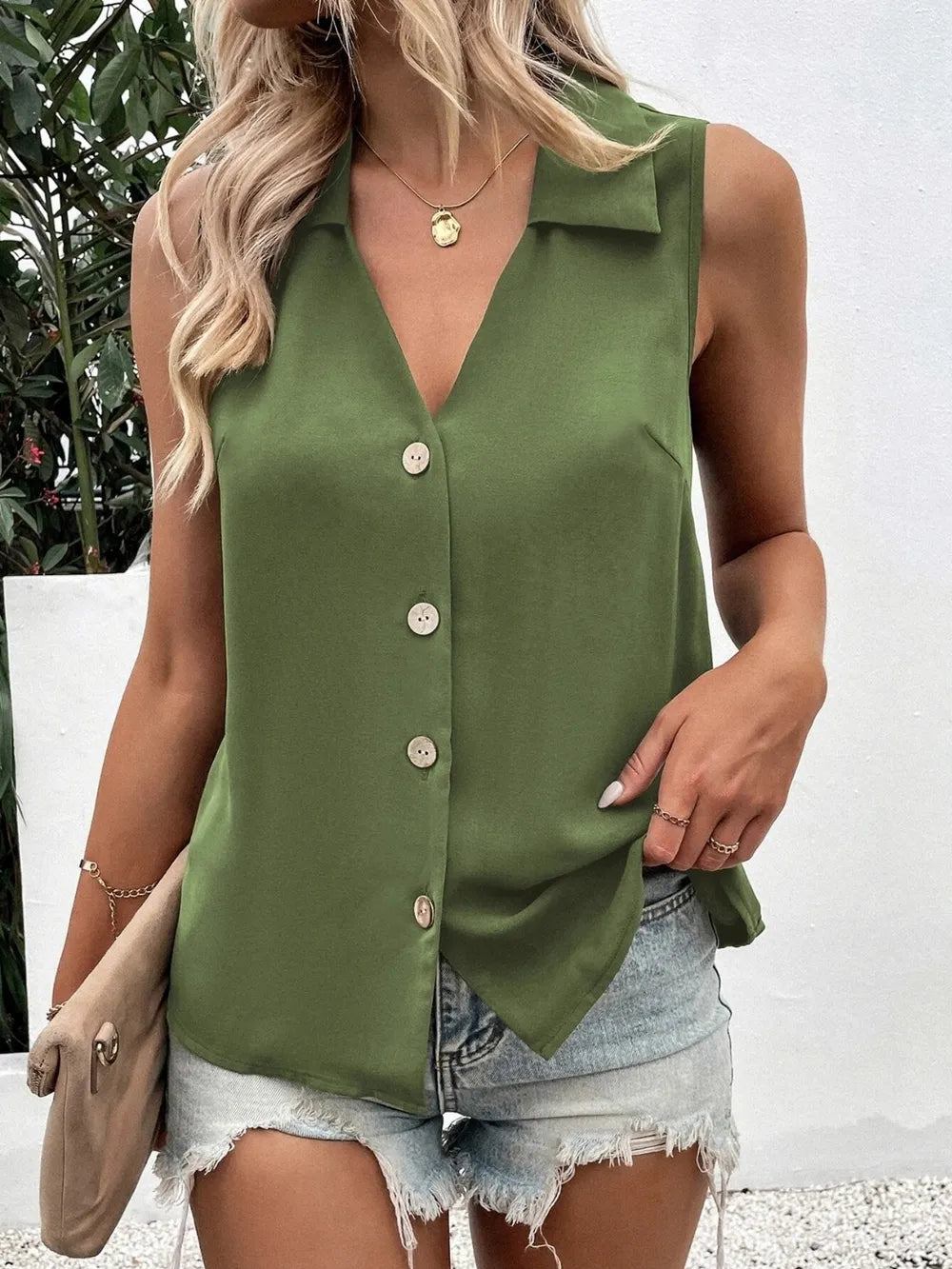 Full Size Johnny Collar Button Down Tank Plus Size - Dresses by Trendsi | Available at Handbags Specialist Headquarter