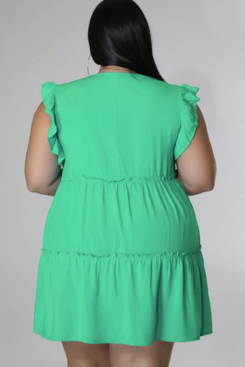 Plus Size V-Neck Frill Trim Mini Dress - Dresses by Trendsi | Available at Handbags Specialist Headquarter