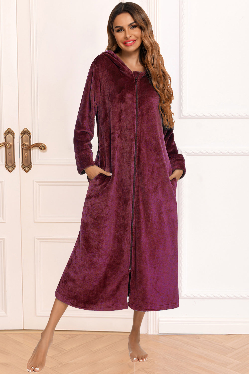 Zip Front Hooded Night Dress with Pockets - Sleepwear by Trendsi | Available at Handbags Specialist Headquarter