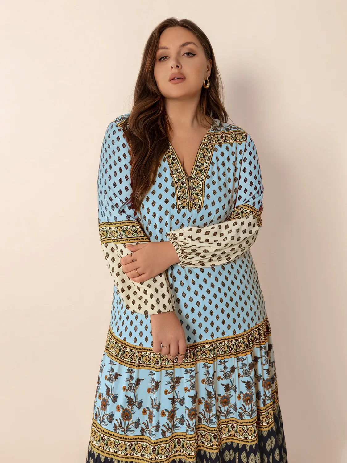 Plus Size Printed V-Neck Balloon Sleeve Maxi Dress - Dresses by Trendsi | Available at Handbags Specialist Headquarter