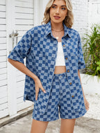 Checkered Shirt and Shorts Denim Set - Women / Jeans & Denim by Trendsi | Available at Handbags Specialist Headquarter