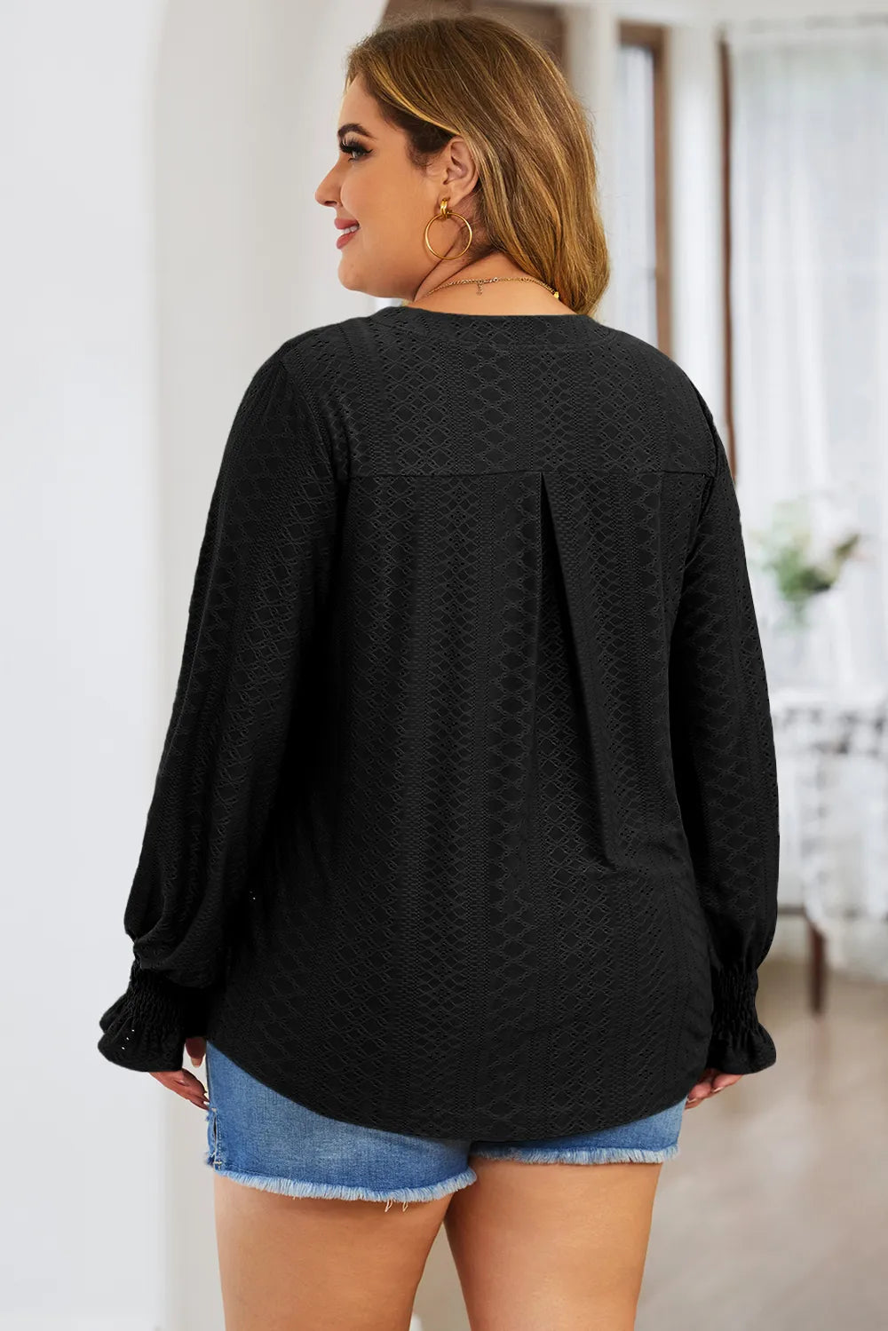 Plus Size Eyelet Notched Flounce Sleeve Blouse - Plus Size Shirts by Trendsi | Available at Handbags Specialist Headquarter