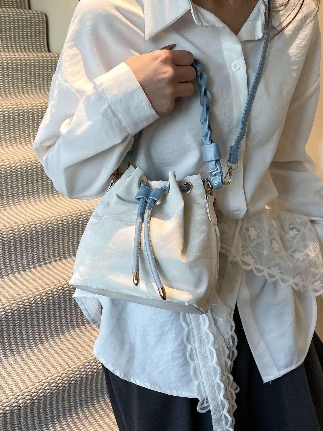 Drawstring PU Leather Bucket Bag - Crossbody Bag by Trendsi | Available at Handbags Specialist Headquarter