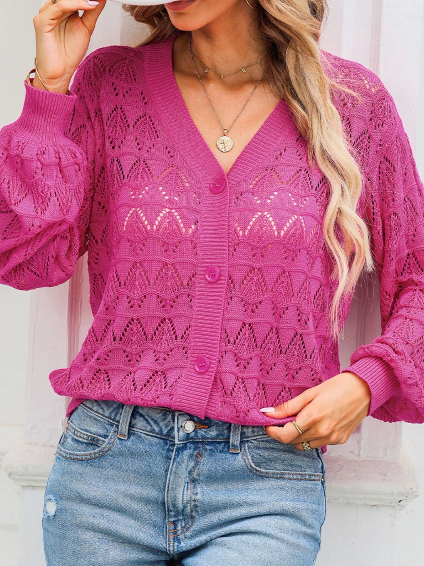 Buttoned Front Openwork Cardigan - Tops by Trendsi | Available at Handbags Specialist Headquarter